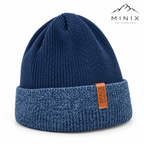 Navy knitted kids beanie with blue mélange cuff – angled view