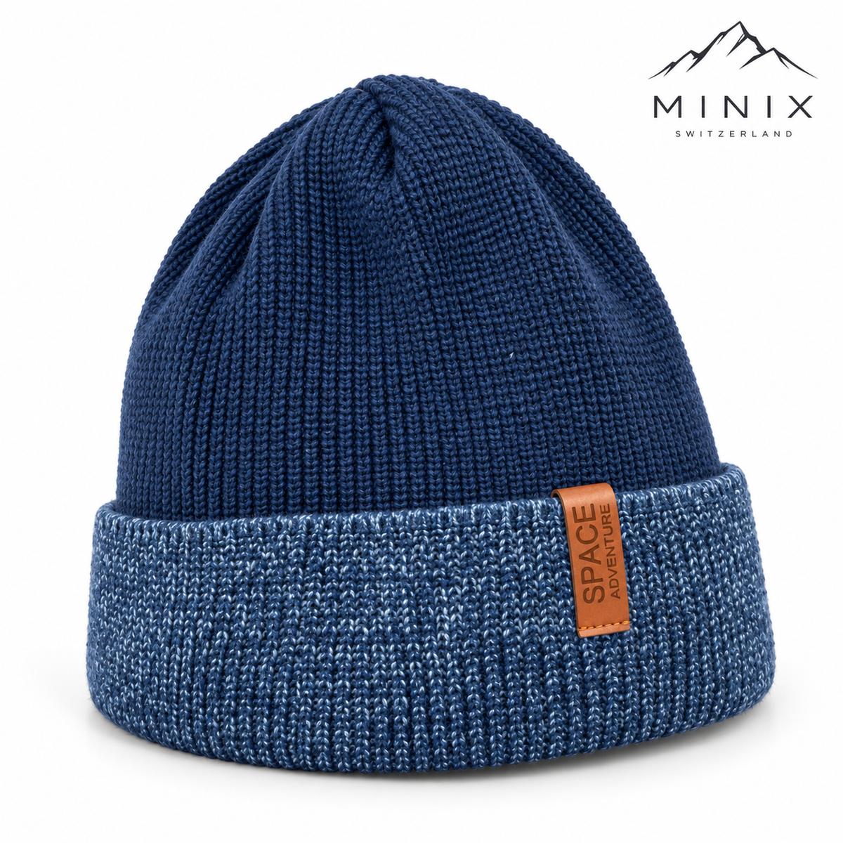 Navy knitted kids beanie with blue mélange cuff – angled view