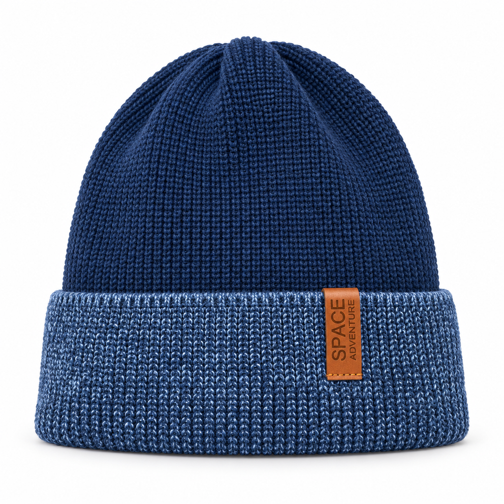 Navy knitted kids beanie with blue mélange turn-up cuff and Space Adventure tag – front view