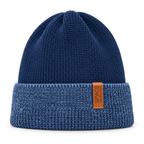 Navy knitted kids beanie with blue mélange turn-up cuff and Space Adventure tag – front view
