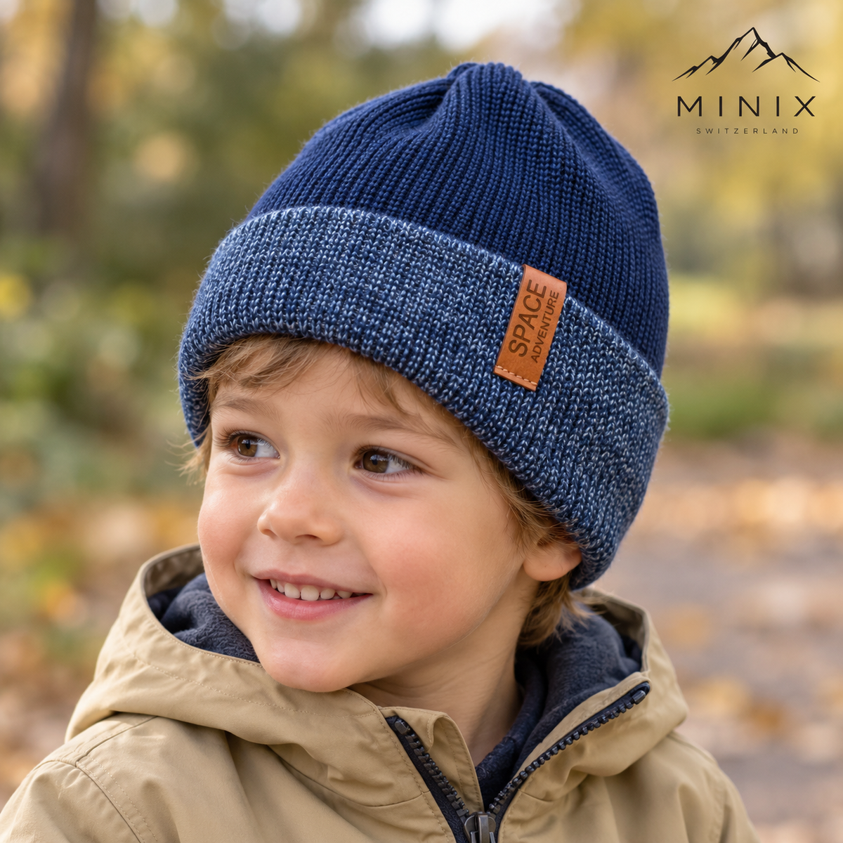 Smiling boy outdoors in autumn wearing the navy MINIX Space Adventure knitted beanie