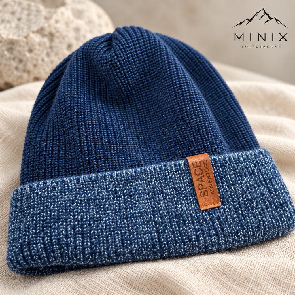 Close-up of the Space Adventure tag and blue mélange cuff on the navy knitted beanie