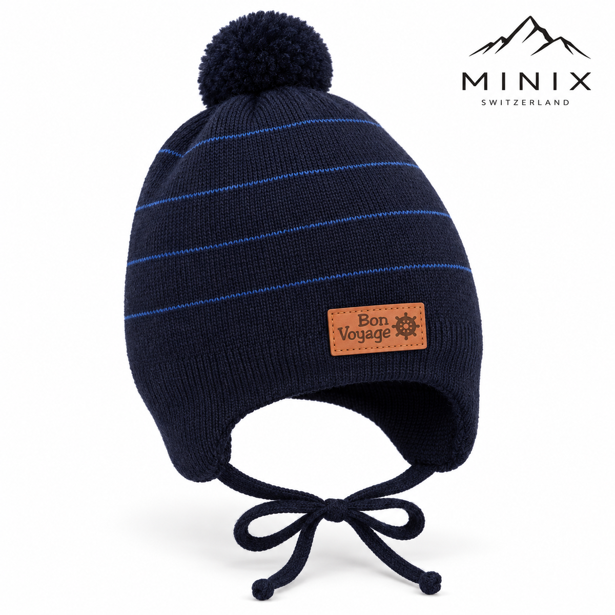 Navy striped knit baby boy cap with pompom and bow ties – angled view