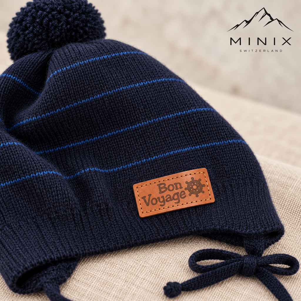 Close-up of the Bon Voyage ship's wheel patch and blue stripes on the navy knitted cap