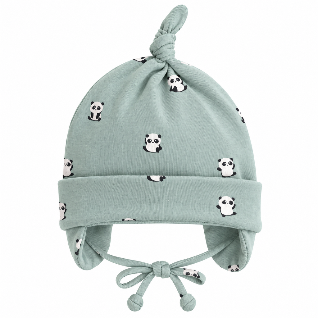 Boys mint green cotton knot cap with panda print and ear covers – flat lay product shot by MINIX Switzerland