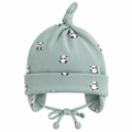 Boys mint green cotton knot cap with panda print and ear covers – flat lay product shot by MINIX Switzerland