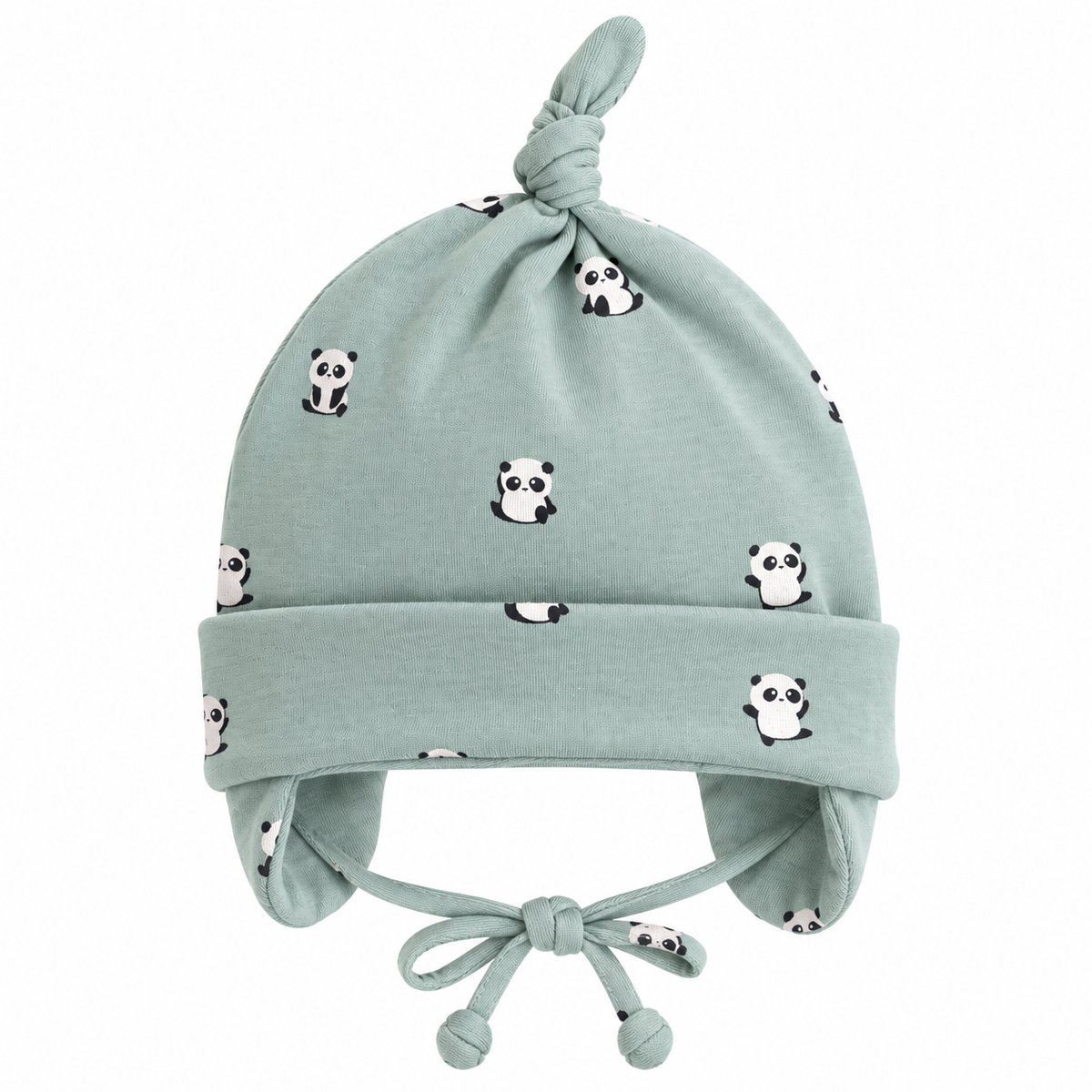Boys mint green cotton knot cap with panda print and ear covers – flat lay product shot by MINIX Switzerland