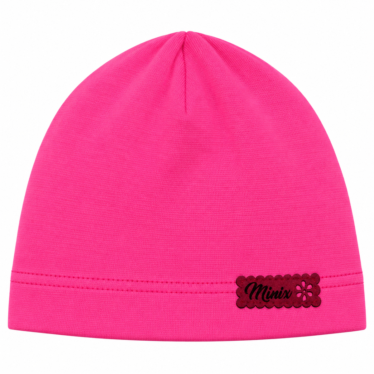 Hot pink girls cotton beanie with scalloped MINIX label – front view