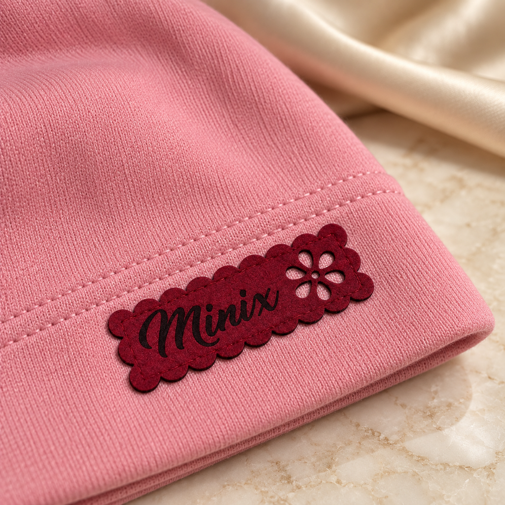 Close-up of the hot pink scalloped MINIX label with flower cut-out on a pink kids cotton beanie