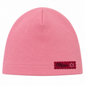 Pink girls cotton beanie with hot pink scalloped MINIX label – front view