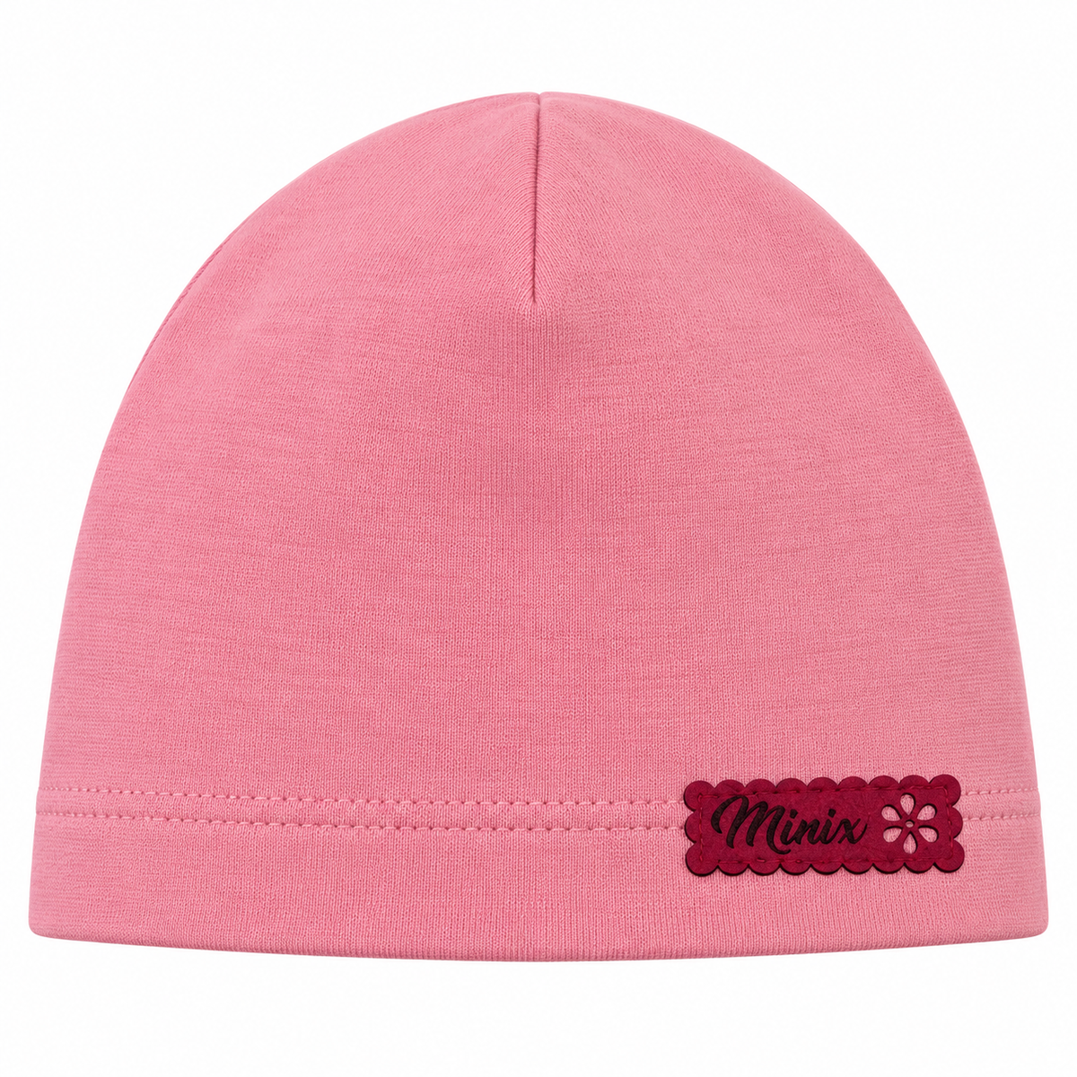Pink girls cotton beanie with hot pink scalloped MINIX label – front view
