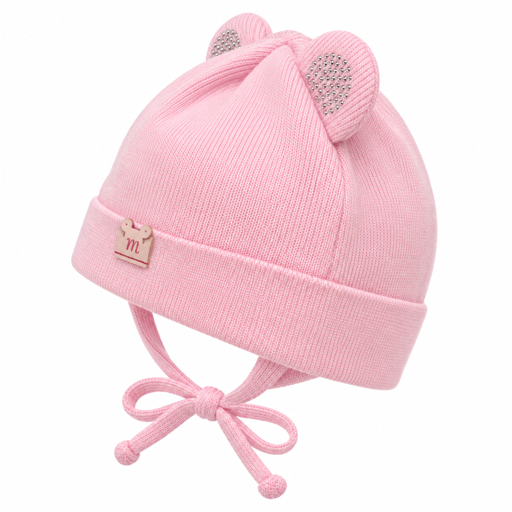 Pink knitted baby girl cap with sparkle ears and tie strings – side view