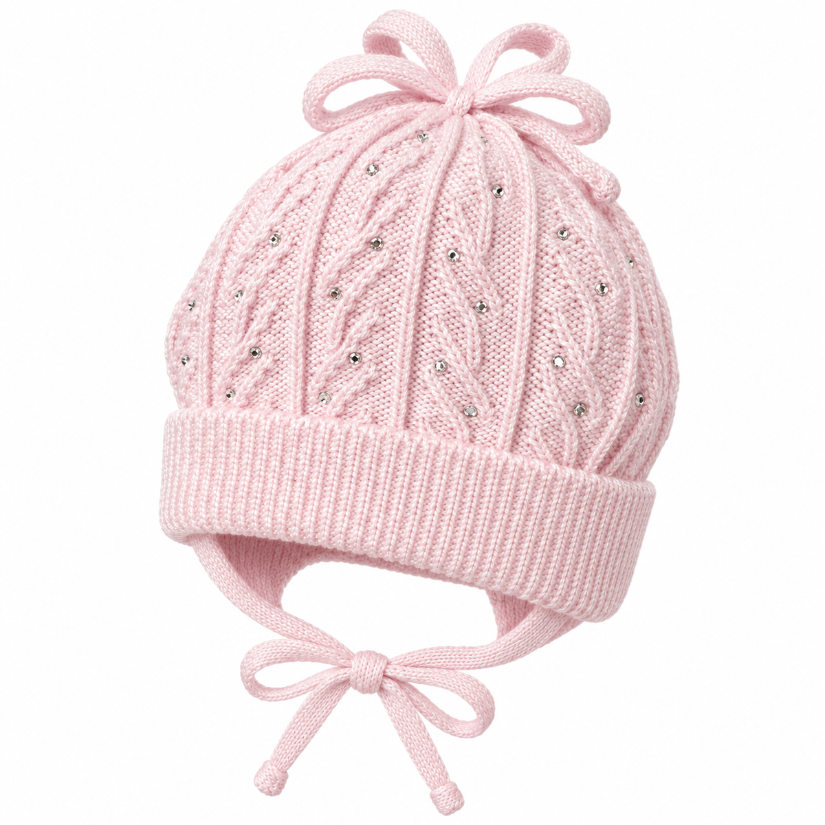 Light pink knitted baby cap with cable pattern, rhinestones and bow – angled view