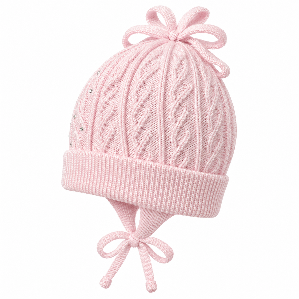 Light pink knitted baby cap with cable pattern and ear flaps – side view