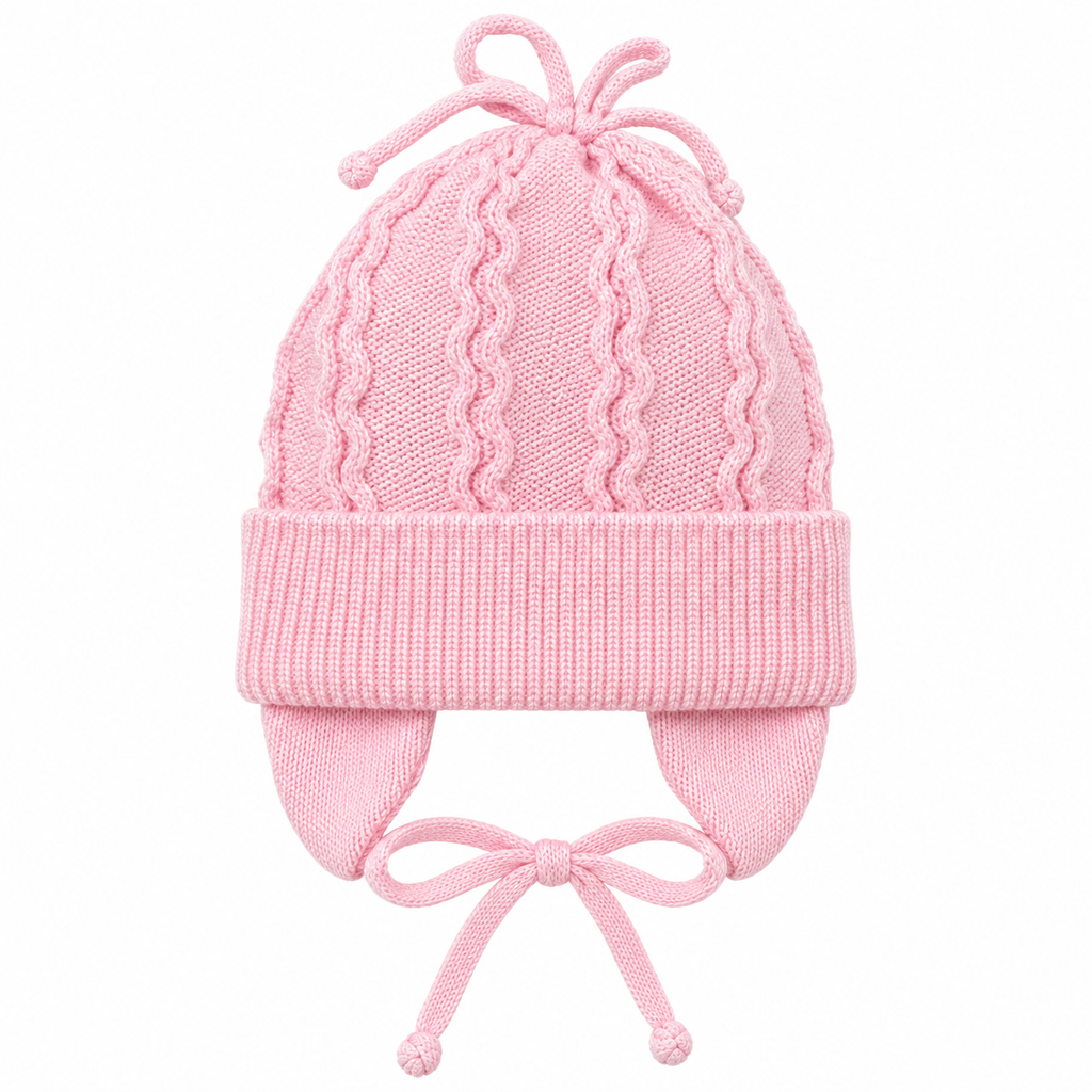 Pink wave-knit baby girl cap with knitted top ties, fold-over cuff, ear flaps and tie strings – front view