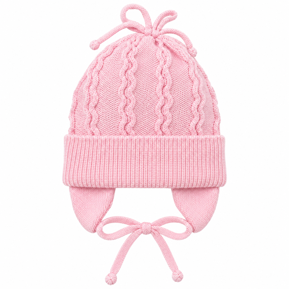 Pink wave-knit baby girl cap with knitted top ties, fold-over cuff, ear flaps and tie strings – front view