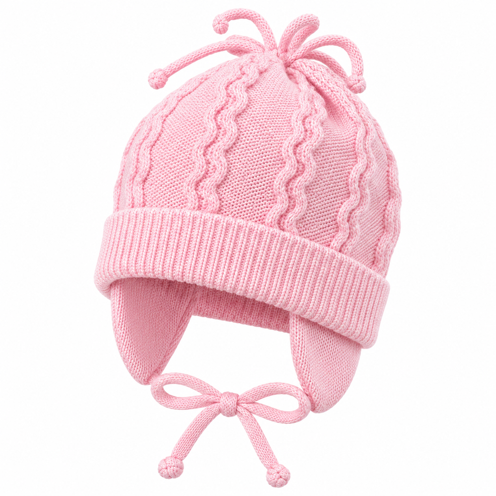 Pink knitted baby girl cap with wave pattern, knitted top ties and ear flaps – angled view
