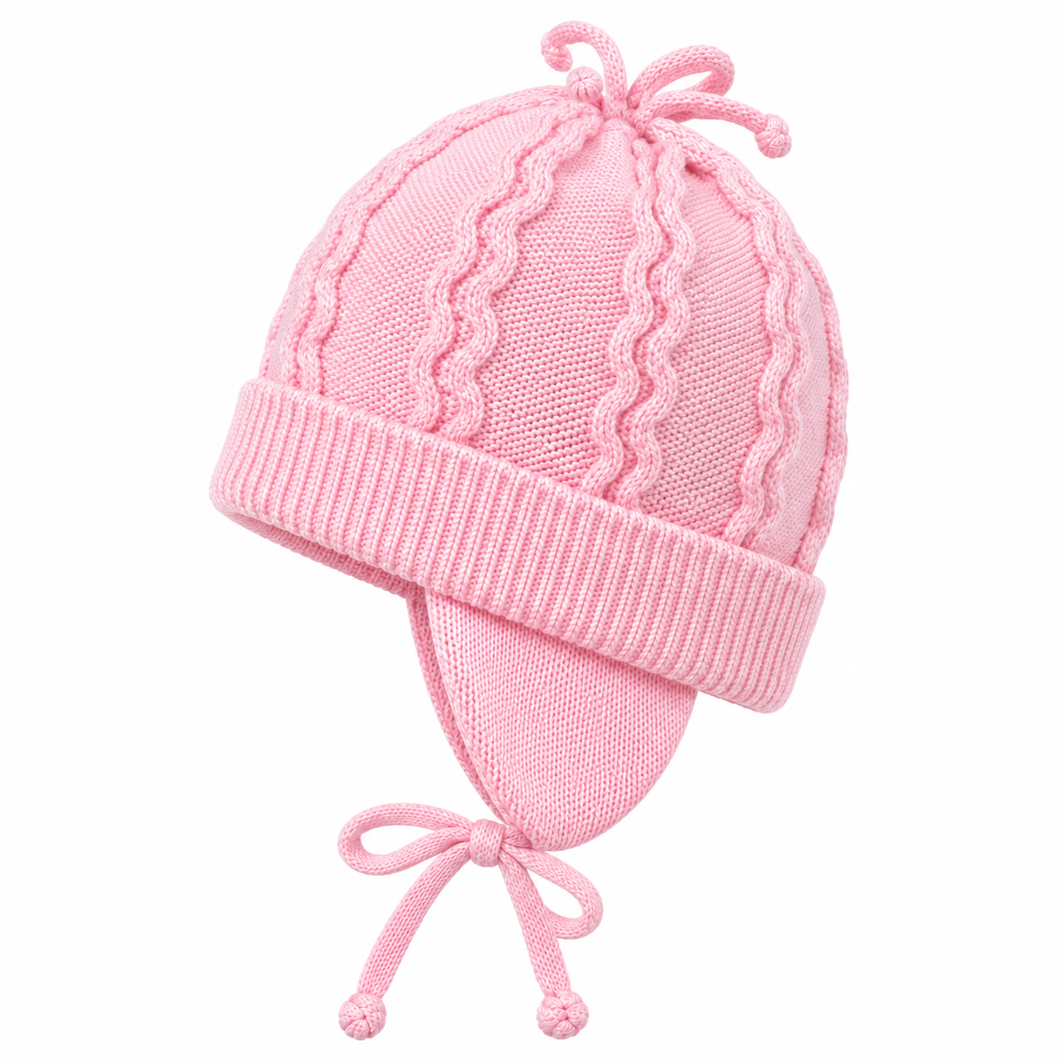 Pink knitted baby girl cap with wave pattern, ribbed cuff and ear flap – side view