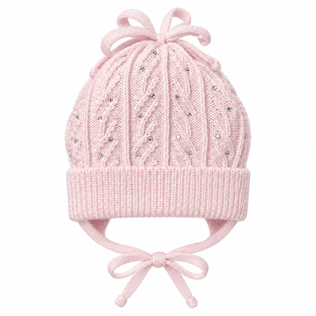 Light pink cable-knit baby girl cap with rhinestones, knitted bow, ear flaps and tie strings – front view