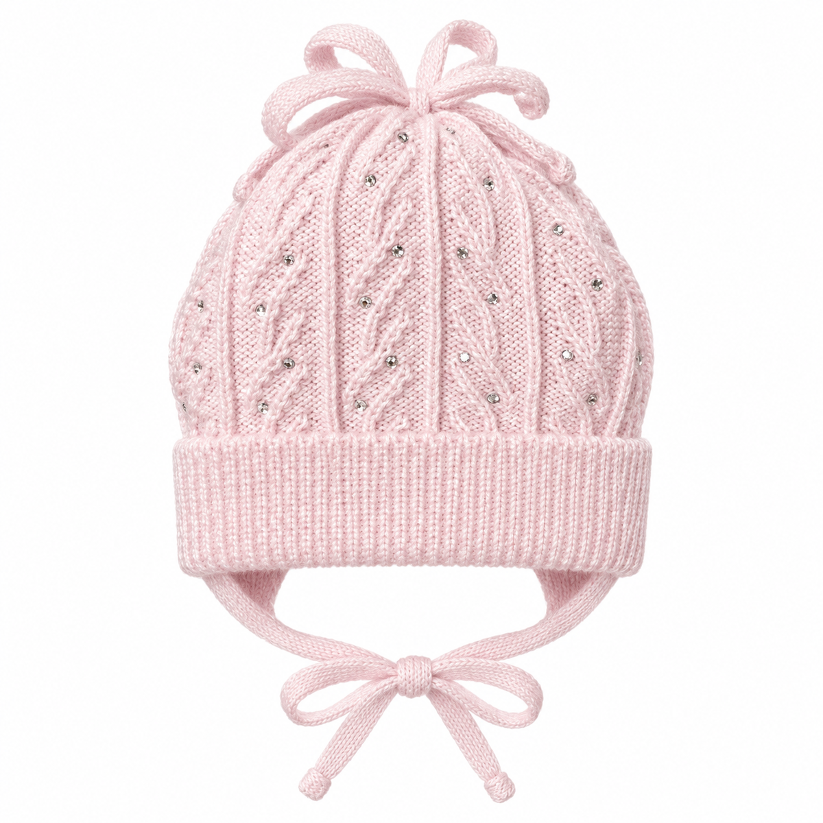 Light pink cable-knit baby girl cap with rhinestones, knitted bow, ear flaps and tie strings – front view