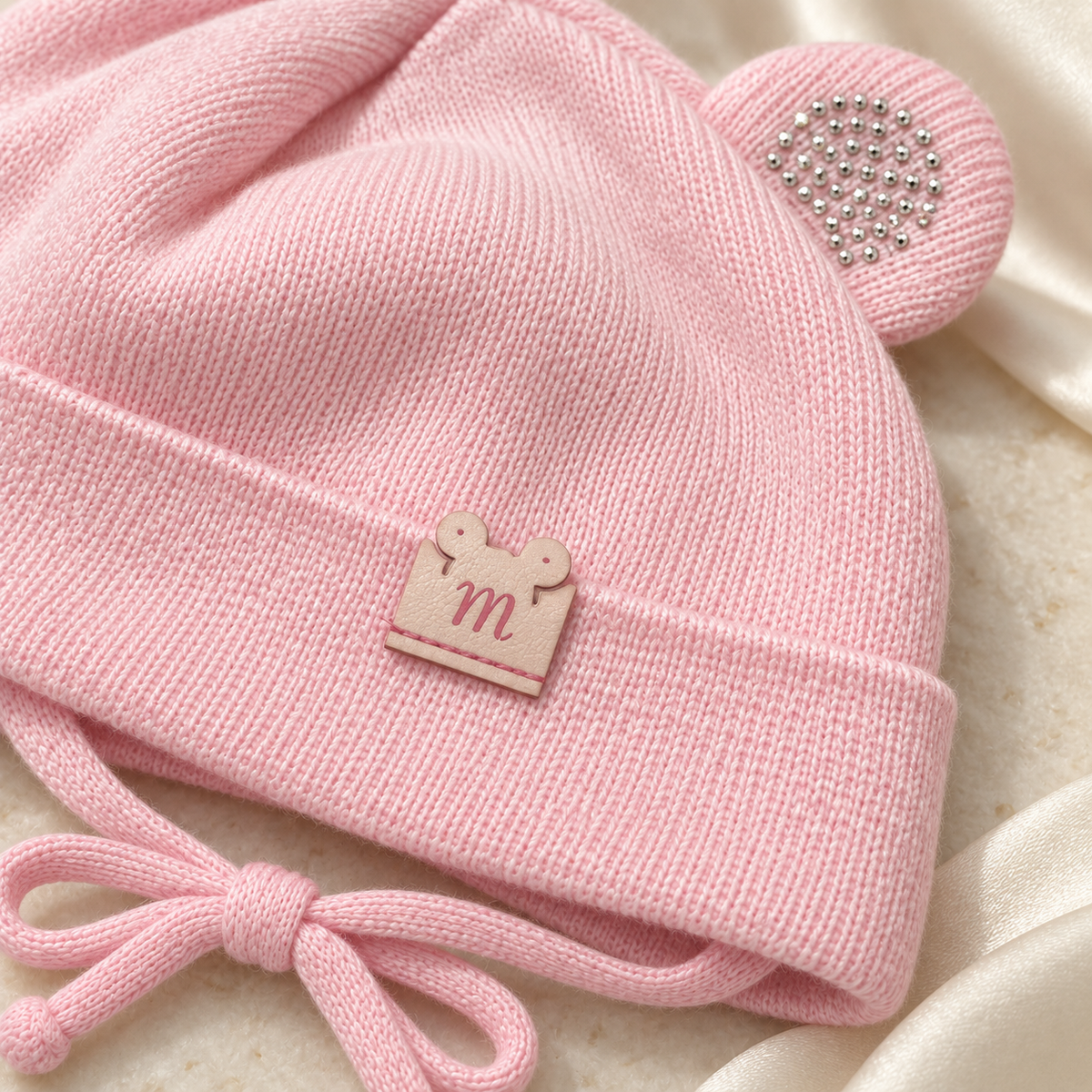 Close-up of the sparkly ear and little m patch on the pink knitted baby cap