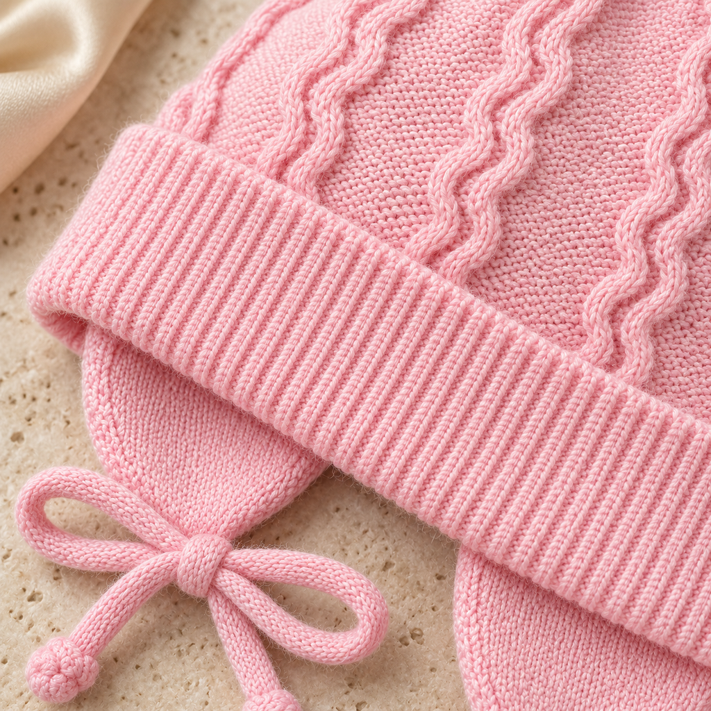 Close-up of the pink wave knit, ribbed cuff and bow tie with bobble ends