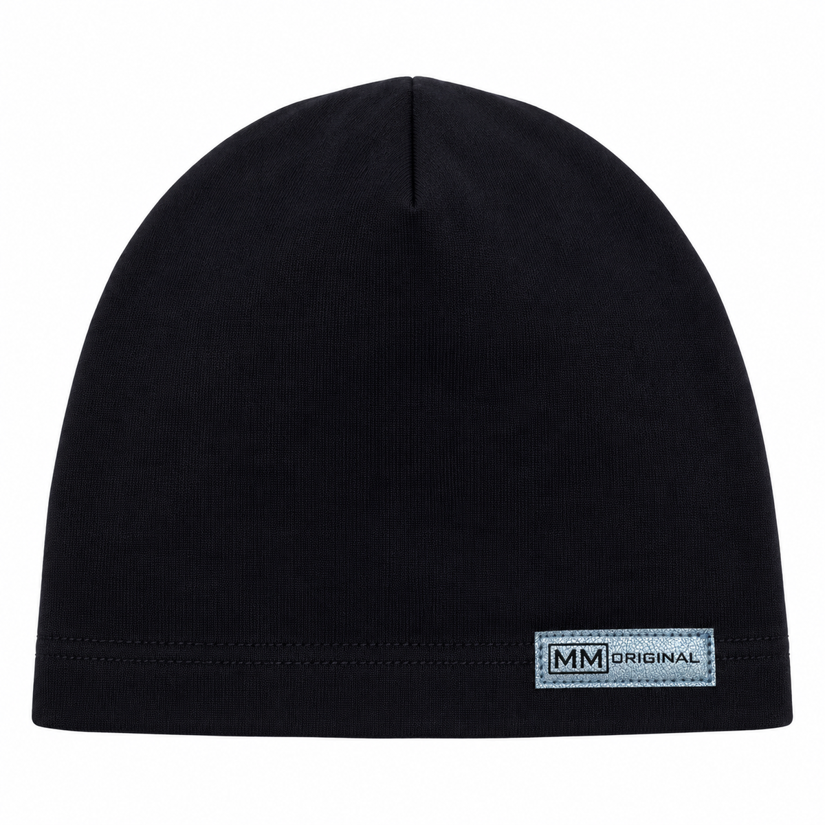 Black kids cotton beanie with metallic MM Original label – front view