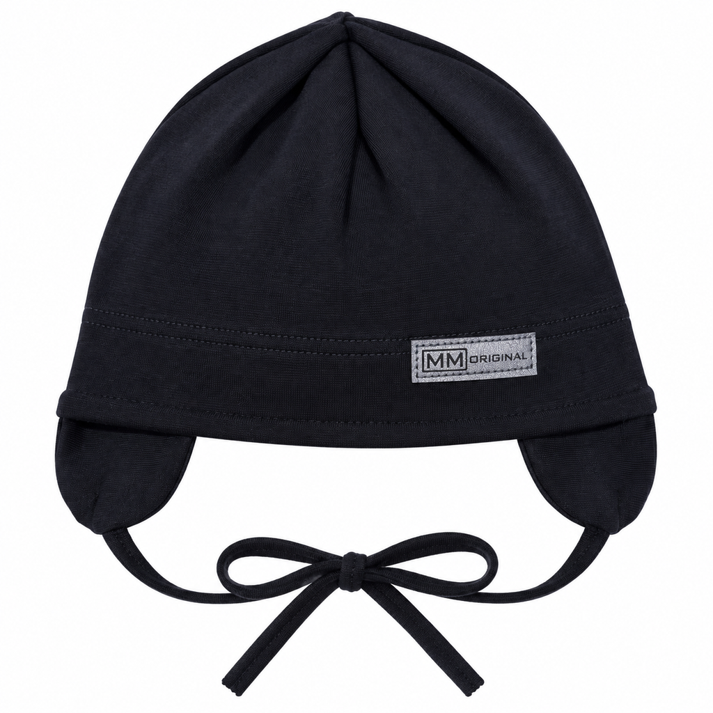 Black kids cotton cap with ear flaps, tie strings and silver MM Original label – front view