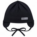 Black kids cotton cap with ear flaps, tie strings and silver MM Original label – front view