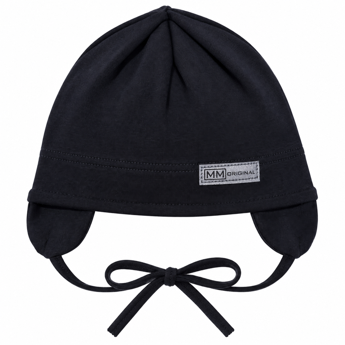 Black kids cotton cap with ear flaps, tie strings and silver MM Original label – front view